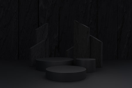 3d render of black podium for product display with black background.の写真素材