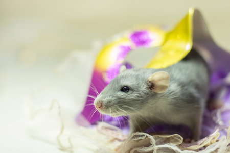 cute Dumbo rat sits on a carnival mask on a white isolated background. Decorative rat or mouse...