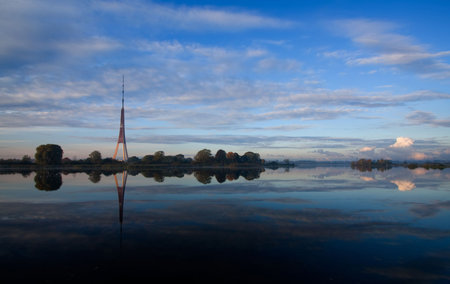 TV Tower reflection Riga Latviaの写真素材