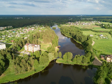 evening dusk sunset Aerial view of countryside, drone top viewの写真素材
