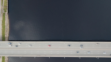 Cars on river Daugava bridge Riga Latvia aerial drone top viewの写真素材