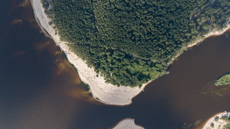 Gauja river Latvia drain into Baltic Sea aerial drone top viewの写真素材
