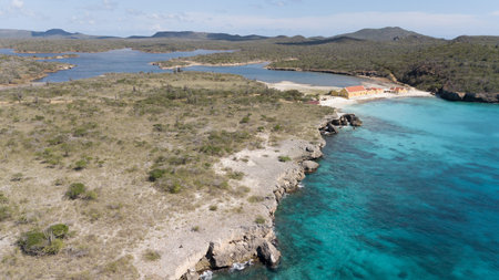 sea beach coast Bonaire island Caribbean sea aerial drone topの写真素材