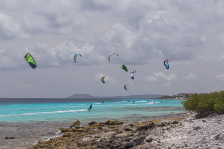 Kitesurfing Caribbean Sea Bonaire island water sportの写真素材
