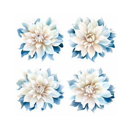 Set of blue and white dahlia flowers. Vector illustration.の素材