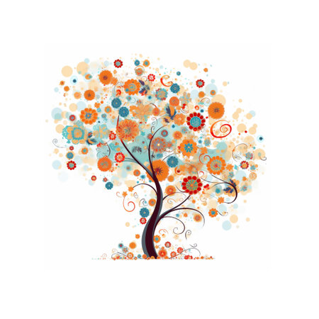 abstract tree with flowers and circles on white background, vector illustrationの素材