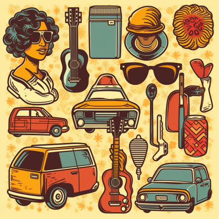 Set of vintage hand drawn travel icons in retro style. Vector illustrationの写真素材