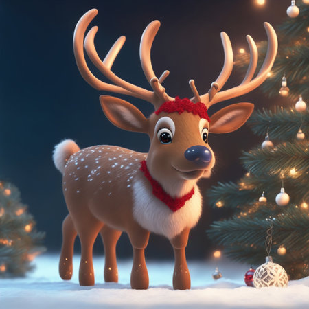 3D rendering of a cute cartoon reindeer with a Christmas tree in the backgroundの写真素材