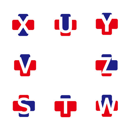Medical Cross Alphabet letters set logo element. Corporate branding identity design template. Medical letters collection. Vector illustrationのイラスト素材