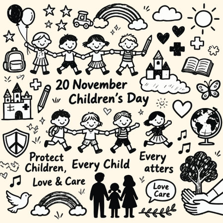 hand drawn doodle happy children's day set, vector illustrationのイラスト素材