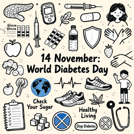 Set of doodle icons for World Diabetes Day. Vector illustrationのイラスト素材