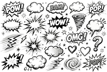 A retro black and white comic-style doodle set featuring explosion effects, sound words (POW, BAM, WOW), speech bubbles, lightning, heart, and whirlwind graphics.のイラスト素材