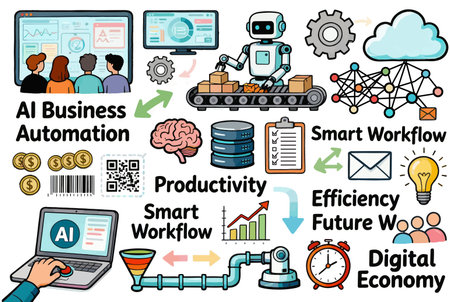 A comprehensive illustration set depicting AI, Business Automation, and the Digital Economy. Includes icons of robots, smart workflow, neural network, data, productivity, efficiency, and teamwork.のイラスト素材