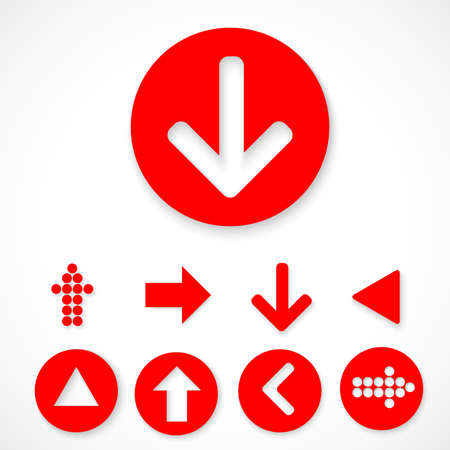 Red Arrow sign icon set. Simple circle shape red internet button on gray background. Contemporary modern style. Vector illustration.のイラスト素材