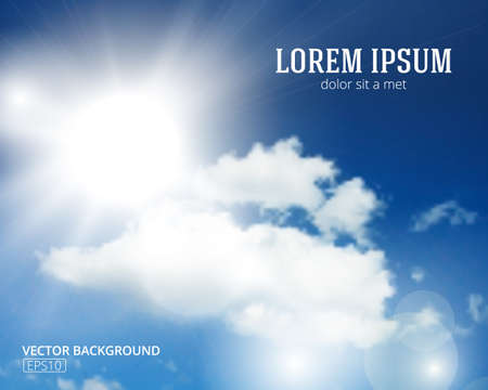 Blue bright sky with clouds and summer sun burst. Vector Illustration.のイラスト素材