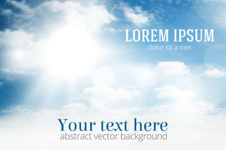 Light blue sky with clouds and summer sun burst. Vector illustration.のイラスト素材