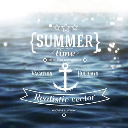 Vector blured sea water view with hipster badge. Ocean view. Retro label design. Blur. Badge. Sea. Travel design label. Vector Illustration.のイラスト素材