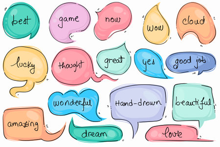 Multicolored speech bubbles for selecting text . Chat boxes with handwritten short phrases with pastel colorsのイラスト素材