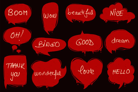 Hand drawn chat bubble in red and black color. Frames for selecting text. Speech frames in cartoon styleのイラスト素材