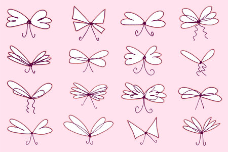 Hand drawn bows in doodle style. Cute pink sketch ribbons.のイラスト素材