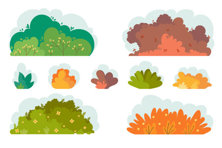 Cartoon bushes with summer and fall colors in cartoon style, minimal hand drawn vegetation designのイラスト素材