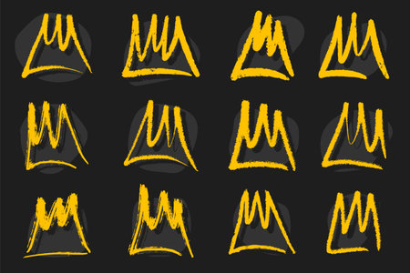 Hand-drawn grunge crowns with grunge texture. Yellow golden crowns drawn with spray and in graffiti style isolated on a black background.のイラスト素材