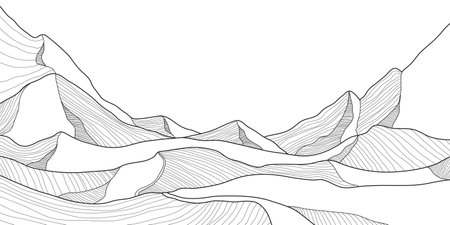 Elegant mountain line art background. Scenic black and white landscape design for fabric, prints, and wall art. Simple line drawing of one line mountain.のイラスト素材
