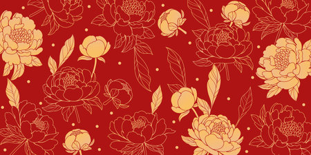 Floral background with peonies and golden tones. Hand drawn branches and leaves, on red background. Perfect for decorative cards, wallpapers, and prints.のイラスト素材