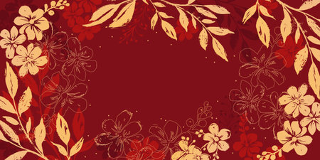 Oriental floral design with wild flowers and leafy branches in red and gold with grunge effect. Japanese and Chinese abstract background. Perfect for wallpapers, cards, or posters.のイラスト素材