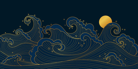 Japanese-style background with abstract, hand-drawn ocean waves in gold and blue colors. Great for posters, home decor, and elegant greeting cards.のイラスト素材