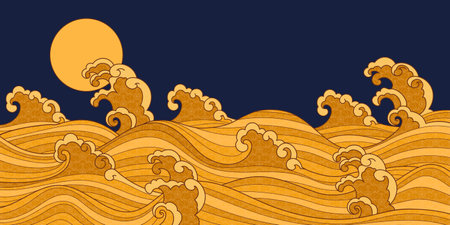 Oriental background with hand-drawn sea waves with gold colors and flat texture. Ideal for modern banners, covers, and website decorations.のイラスト素材
