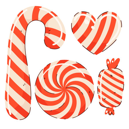 Christmas candy cane and Sweets. Santa candy cane in red and white stripes. Hand drawn cartoon elements.のイラスト素材