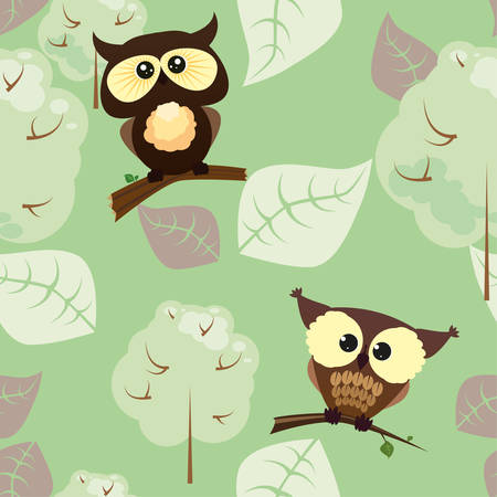 Cute owl seamless pattern with trees and leavesのイラスト素材