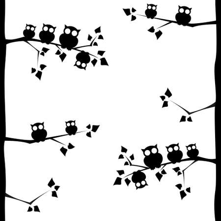 Owls with round eyes on branches seamless patternのイラスト素材
