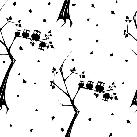 Owls with round eyes on branches seamless patternのイラスト素材