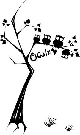 Owls with round eyes on branches with wordsのイラスト素材