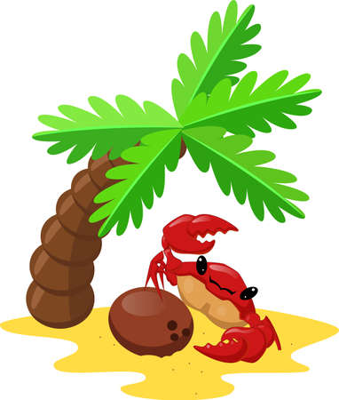 Cute cartoon crab with coconut under palmのイラスト素材