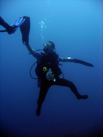 A diver doing a high five underwater.