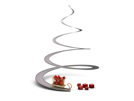 Spiral Christmas tree with sled and giftsの写真素材
