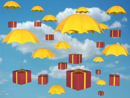 Yellow parachutes and red giftboxesの写真素材