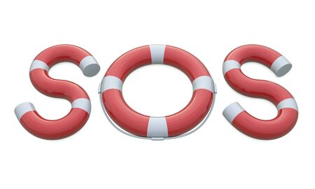 SOS life belt and letters isolated on white backgroundの写真素材