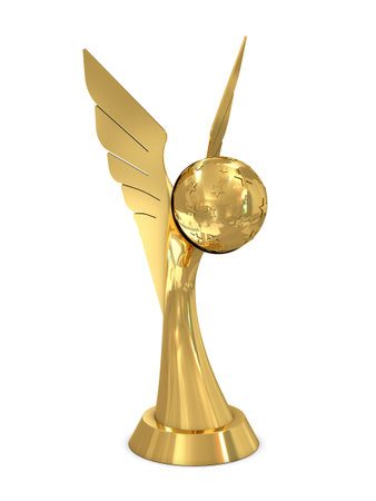 Golden award trophy with wings isolated on whiteの写真素材