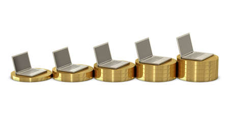 Laptops on coins chart isolated on white backgroundの写真素材