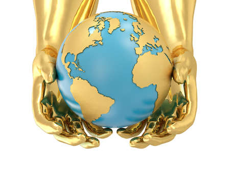 Model of golden hands and planet Earthの写真素材