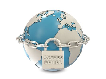 Earth, chain and closed padlock with access denied text isolated on white backgroundの写真素材