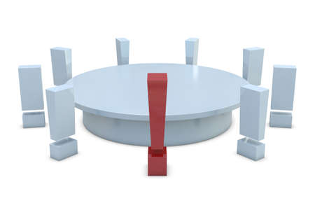 Round table with red and group of white exclamation marks isolated on white backgroundの写真素材