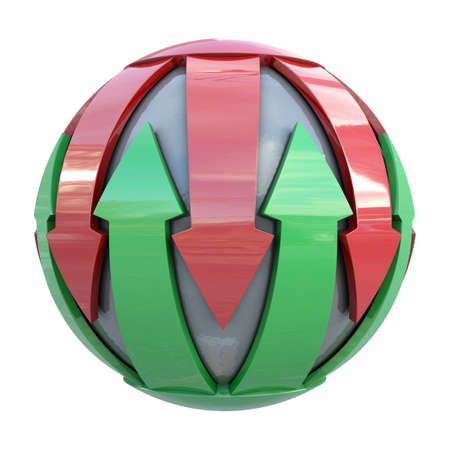 Red and green lines on gray sphere isolated on white backgroundの写真素材