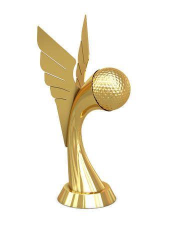 Golden award trophy with wings and golf ball isolated on white backgroundの写真素材