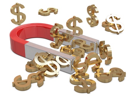 Magnet and golden dollars isolated on white backgroundの写真素材