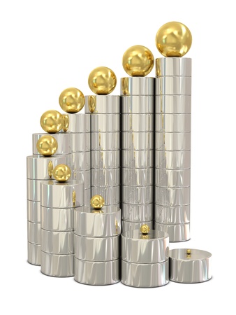 Spiral silver stairs and golden balls isolated on white backgroundの写真素材